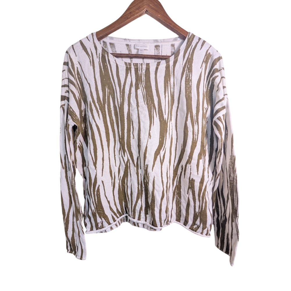 Garnett Hill Feathered Waves Brown & White Silk Cotton Knit Pullover Sweater